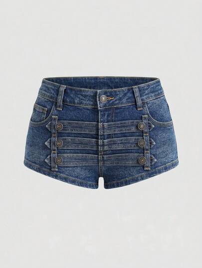 Grunge Punk Conjuntos de verano para chica sexy, shorts vaqueros mini de cintura ultra baja con diseño de botones vintage estilo Napoleón