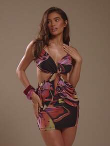 MUSERA Multi Colour Butterfly Print Mesh Cut Out Ruched Mini Dress Summer Holiday Ibiza Festival Zarina - Multicolor - View 2