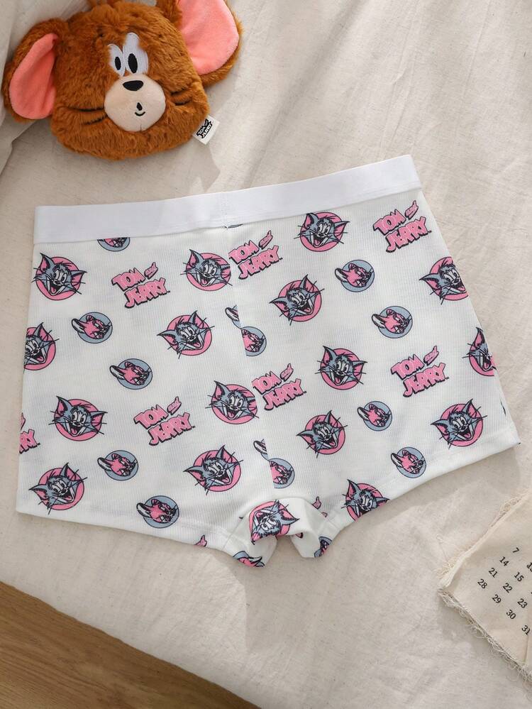 TOM & JERRY X SHEIN 女款卡通印花鈕扣休閒平底短褲 - 米色 - 查看 2