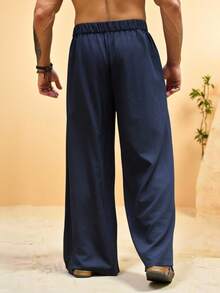 Palmeraft Men's Plus Size Solid Color Button Casual Versatile Daily Travel Long Pants - Navy Blue - View 2