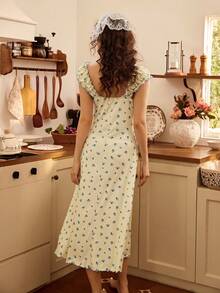 Sweet Ditsy Floral Wide Shoulder Sleeve A-Line Women Nightgown - Multicolor - View 2
