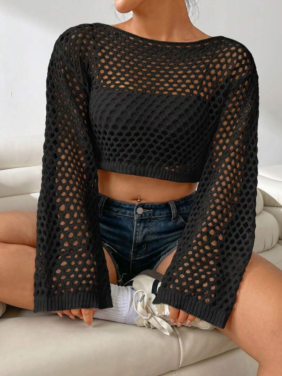 Solflare Suéter de punto hueco de unicolor talla grande nuevo para otoño/invierno, para salir en vacaciones de otoño - Negro - Ver 1