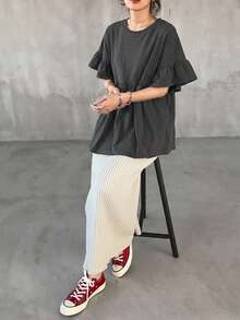 FRIFUL Camiseta de mujer de cuello redondo con mangas con volantes, versátil y de moda para el verano - Gris - Ver 2