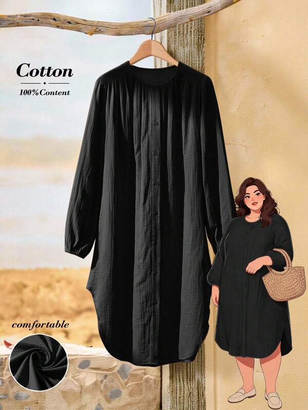 Rusticease Plus Size Women Solid Color Single-Breasted Casual Casual Formal Daily Wear Shirt Dress Office Vacation Black Summer Country Clothing Fall Clothes