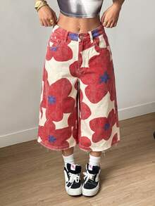 SHEIN Jeanoir 花卉印花七分牛仔短褲 - 紅色 - 查看 6