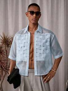 AKNOTIC Men's Single-Breasted Organza Woven Trim Short Sleeve Shirt - Baby Blue - View 1