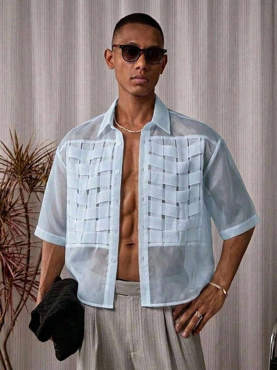 AKNOTIC Men's Single-Breasted Organza Woven Trim Short Sleeve Shirt - Baby Blue - View 1
