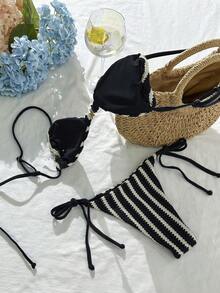 Swim SXY Women's Blue & White Striped Jacquard Fabric Spaghetti Strap Metal Decor Bikini Set, Spring/Summer - Black and White - View 4