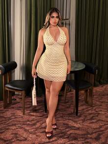 NU&NOW Plus Size Summer New Hot Girl V-Neck Polka Dot Print Halter Neck Tie Backless Dress - Yellow - View 7