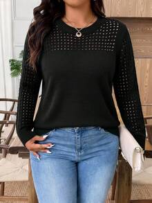 SHEIN Plus Size Elegant Hollow Out Round Neck Long Sleeve Pullover Sweater Winter - Black - View 1