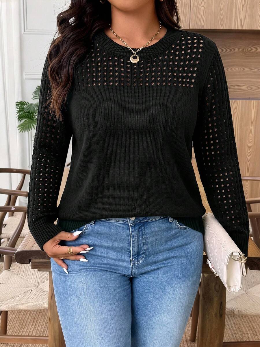 SHEIN Plus Size Elegant Hollow Out Round Neck Long Sleeve Pullover Sweater Winter - Black - View 1