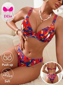 Swim DD+ 2026 Women's Spring/Summer Beach Vacation Elegant Tropical Romantic Sexy Floral Print Bikini Set, Push-Up Underwire Support, Removable Cups, Yellow - Multicolor - View 6