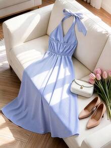 SHEIN Clasi Plus Size Summer Light Blue Backless Halter Dress Tea Party Vacation Brunch Elegant Beach Festival - Multicolor - View 2