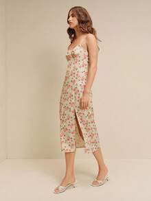 lacRébo Floral Print Woven Fitted Slit Front Midi Dress With Adjustable Straps And Smocked Back Summer Holiday Romantic Cute French Style Dress - Apricot - View 5