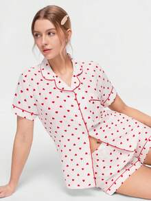 Bonmuse 2pcs Comfortable Heart Print Pajama Set, Short Sleeve Collared Top With Pocket And Bow Shorts, Women Sleepwear Homewear For All Seasons - White - View 9