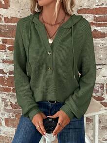 SHEIN Clasi Sudadera con capucha de talla grande para mujer, color liso, manga raglán larga, media abertura con botones y cordón - Verde militar - Ver 4