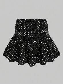 SHEIN Tween女孩休閒日常百搭舒適高腰波點荷葉邊裙 秋冬穿搭 - 黑色 - 查看 4
