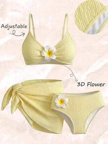 SHEIN Teen Girls' Vacation Beach Floral Decor Bikini Set - Yellow - View 5
