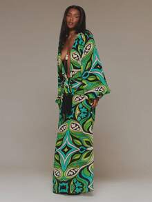 MUSERA Vestido Maxi de Gasa Estampado Verde con Escote Profundo Extremo, Talla Grande y Flecos, para Verano, Vacaciones, Ibiza y Festival - Multicolor - Ver 1