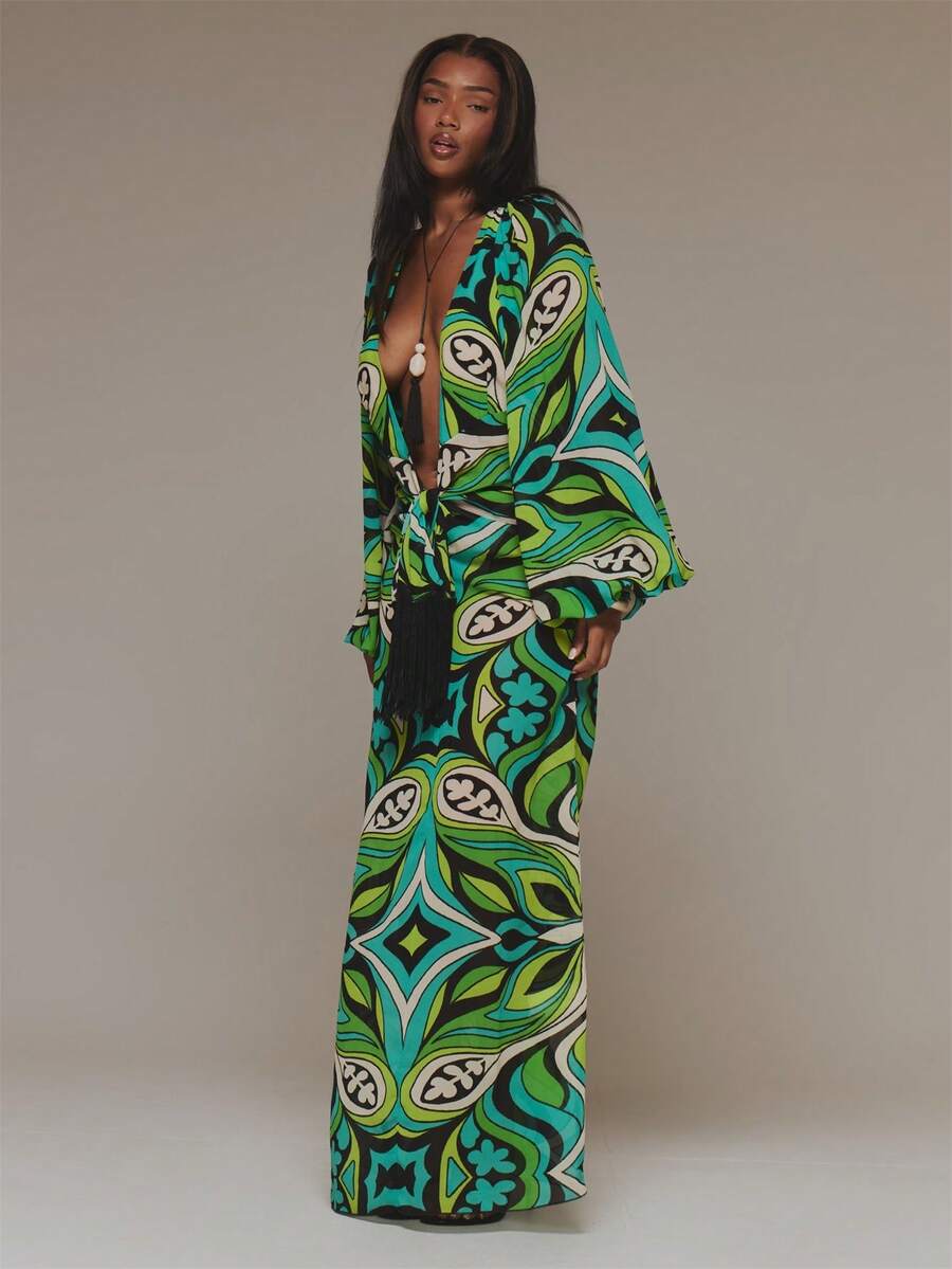 MUSERA Vestido Maxi de Gasa Estampado Verde con Escote Profundo Extremo, Talla Grande y Flecos, para Verano, Vacaciones, Ibiza y Festival - Multicolor - Ver 1