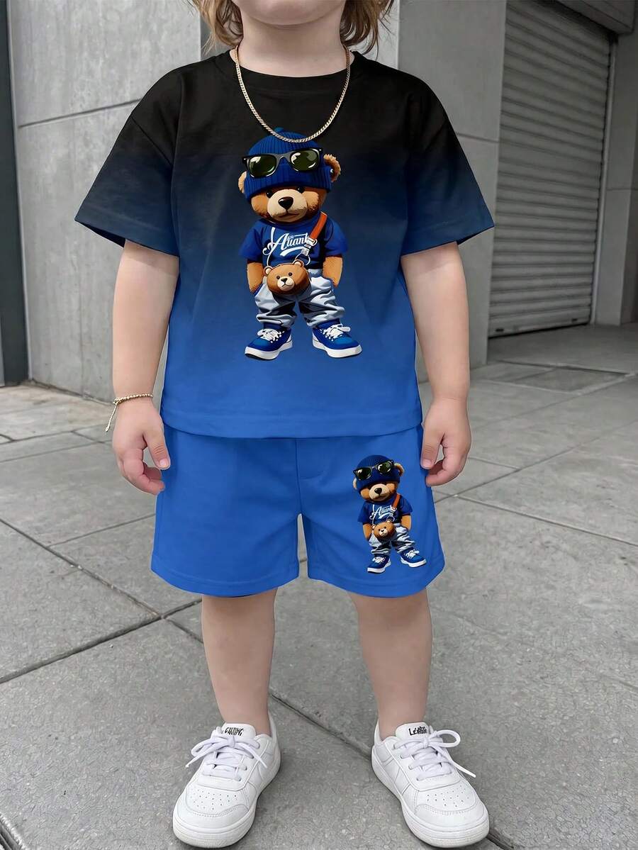 Young Boy Casual Minimalist T-Shirt Set, Classic Cool Handsome Blue-Black Gradient Pattern Print, Cool Cartoon Bear Pattern Print, Suitable For Spring And Summer - Multicolor - View 1