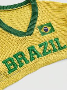 ROMWE Summer Outfits World Cup Sports Style Brazil Colorway Loose Cropped Knit Top - Yellow - View 4