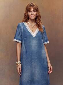 Fembélia Women's V-Neck Lace Trim Casual Boho Daily Summer Short Dress Vacation Dark Blue - Blue - View 2