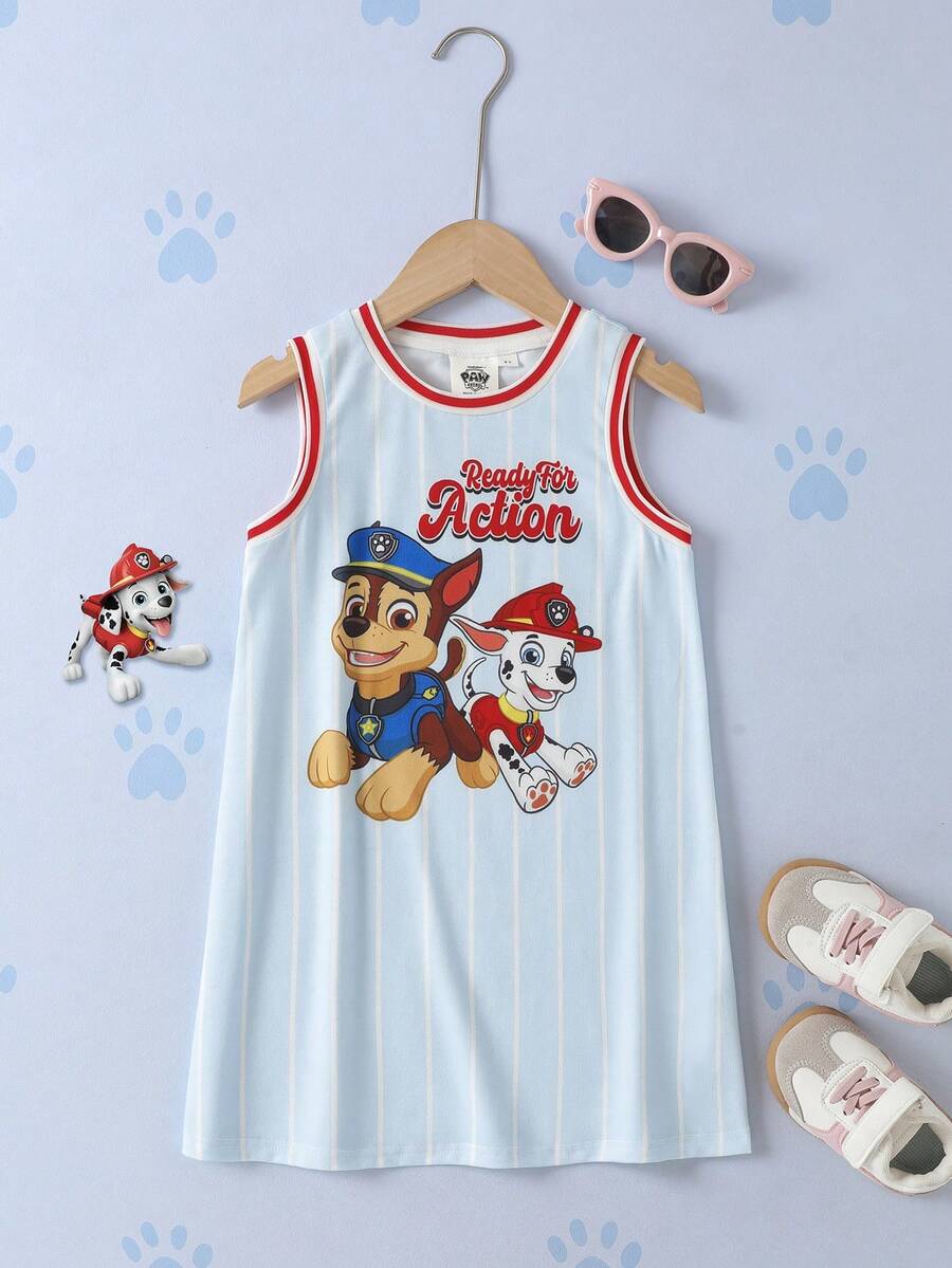 SHEIN | PAW Patrol 1pc Young Girl Sporty Casual Striped Puppy Print Sleeveless Comfortable Tank Dress - Multicolor - View 1