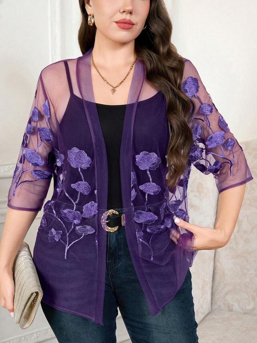 SHEIN Clasi 大尺碼優雅花卉刺繡網紗夾克 - 紫色 - 查看 1