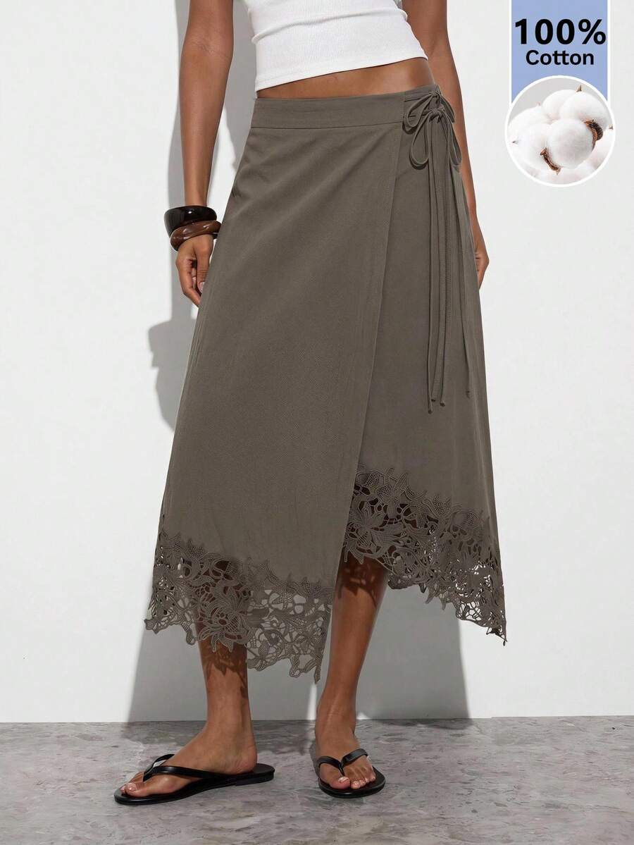 Maija Women's Lace Patchwork Tie-Up Wrap Casual Versatile Daily Skirt - Army Green - View 1