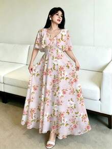 Modelyn 女款短袖數位印花收腰長洋裝，披肩袖荷葉邊下擺，優雅迷人時尚 Y2K 約會派對女裙，海灘度假碎花洋裝 - 淺粉色 - 查看 3
