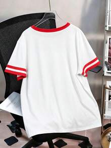 Flirla LOONEY TUNES X SHEIN Women's Casual Loose Cartoon Print Short Sleeve T-Shirt, Suitable For Leisure, Commuting, And Dating - Red and White - View 2