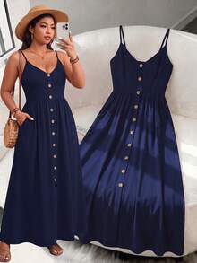 Breezaya Plus Size Women Solid Color Pleated Casual Party Dress With Spaghetti Straps - Navy Blue - View 1
