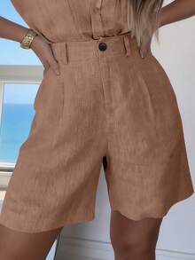 Balvessa Women's Solid Color Pocket Casual Versatile Daily Travel Blazer Shorts - Brown - View 4