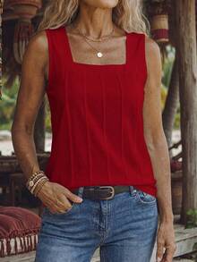 Zayélia Summer New Sleeveless Wide Strap Square Neck Loose Fit Slimming Women's Tank Top - Red - View 1