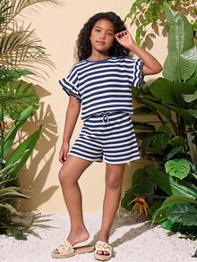 SHEIN 青少年女孩針織圓領休閒T恤與寬鬆長褲兩件套 - 藍白色 - 查看 5