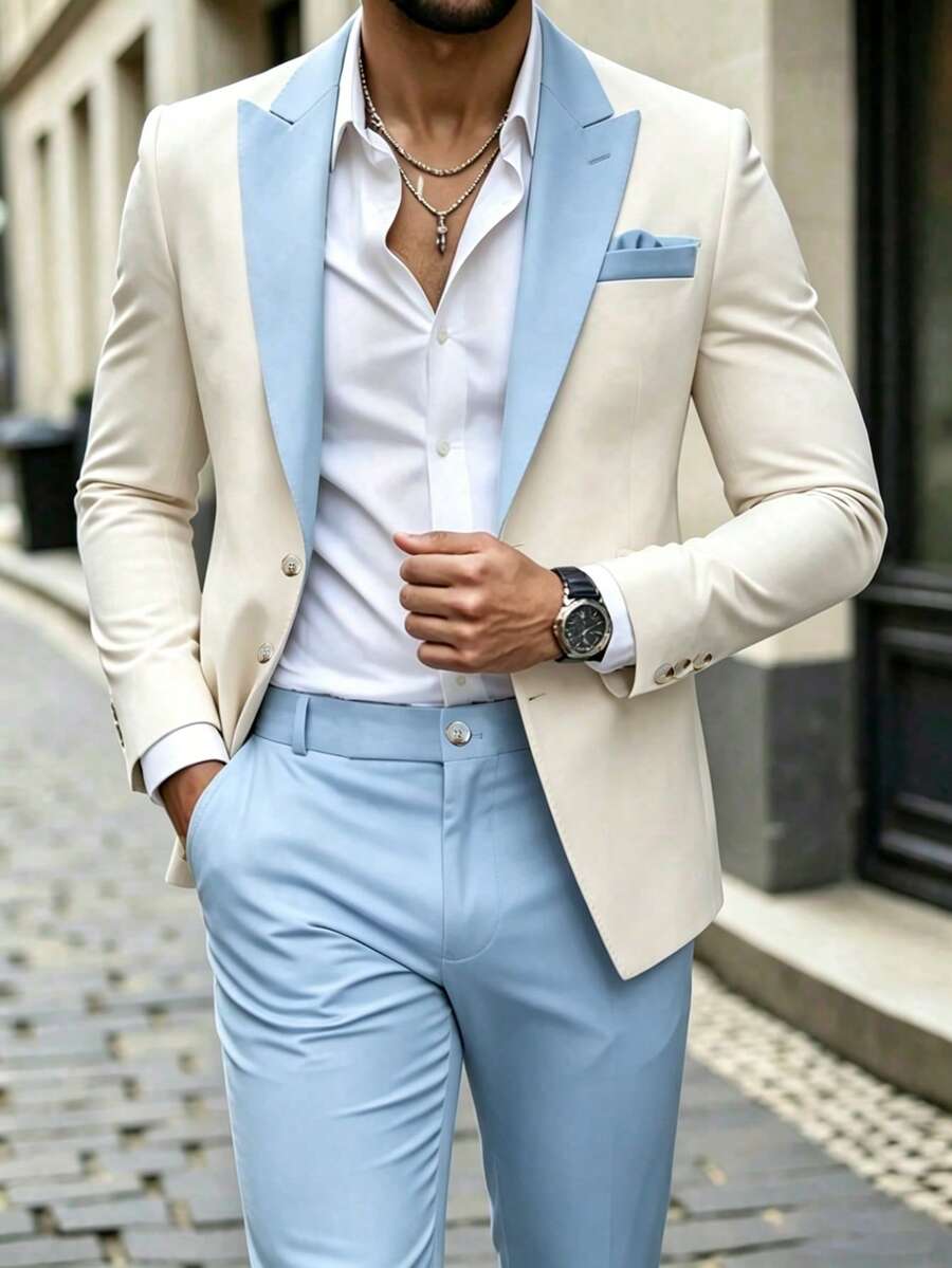 Manfinity Bizformal Conjunto de traje para hombre verde & blanco con vibra de boda primavera/verano - Multicolor - Ver 1