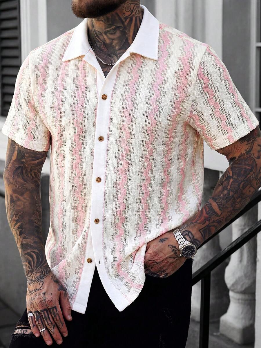 Manfinity CasualCool Men's Contrast Color Front Button Short Sleeve Striped Shirt - Pink - View 1