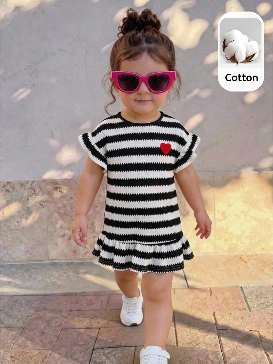 SHEIN Baby Girl Spring Summer Cute Knitted Striped Heart Pattern Short Sleeve Dress - Black and White - View 1