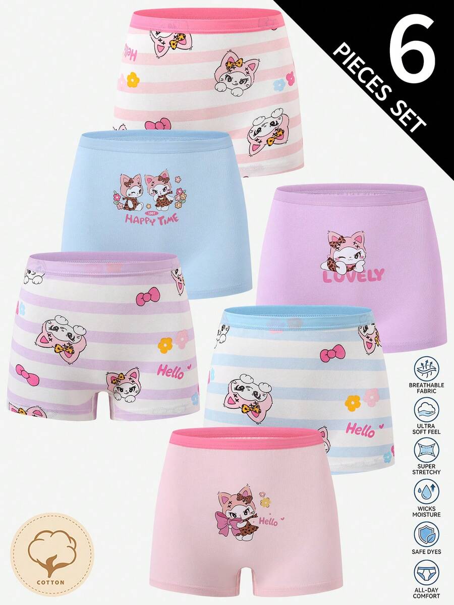 SHEIN 6pcs Girls Cute Playful Happy Cartoon Leopard Print Dancing Rabbit Cat Print Cotton Boxer Briefs - Multicolor - View 1
