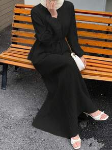 Solavon Women's Solid Color Long Sleeve Tie Decor Shirt And Skirt Two Pieces Set Tea Party Black Autumn Elegant Modest - Black - View 2