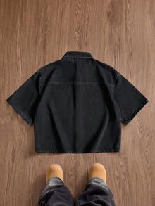 SWAVVY Camisa de mezclilla de verano casual para hombre con botones delanteros y bolsillo con parche - Negro - Ver 2