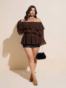 Viva Relle Plus-Size Plus Size Women's Off-Shoulder Double-Layered Ruffled Sensual Top Fall - Brown - View 3