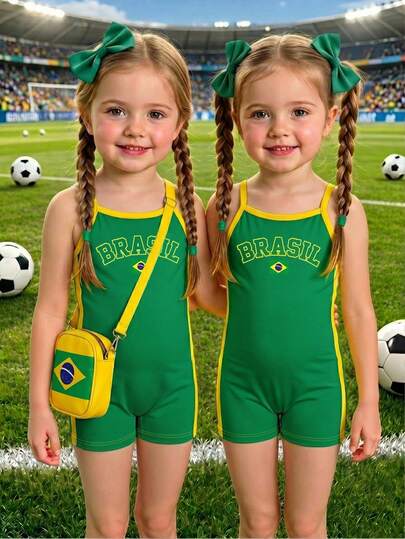 Young Girl Young Girl Young Girls' BRAZIL Graphic Letter Contrast Trim Jumpsuits,Yellow Summer Streetwear .