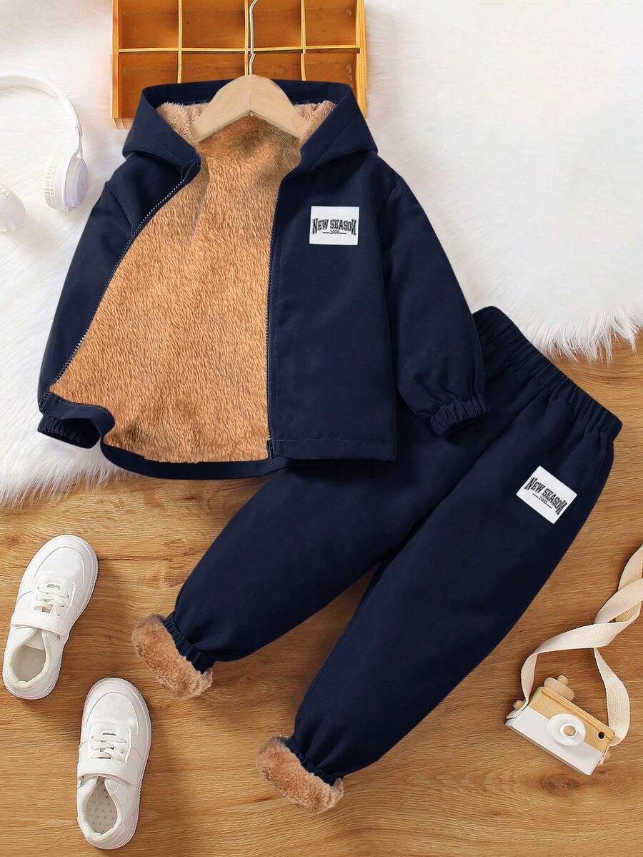 SHEIN 2件組兒童青少年藍色冬季外套與棕色保暖毛絨內裡長褲,梭織兩件套,適合通勤穿著 - 藏蓝色 - 查看 1