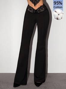 SHEIN ICON 女款蕾絲拼接休閒百搭日常喇叭褲 - 黑色 - 查看 1