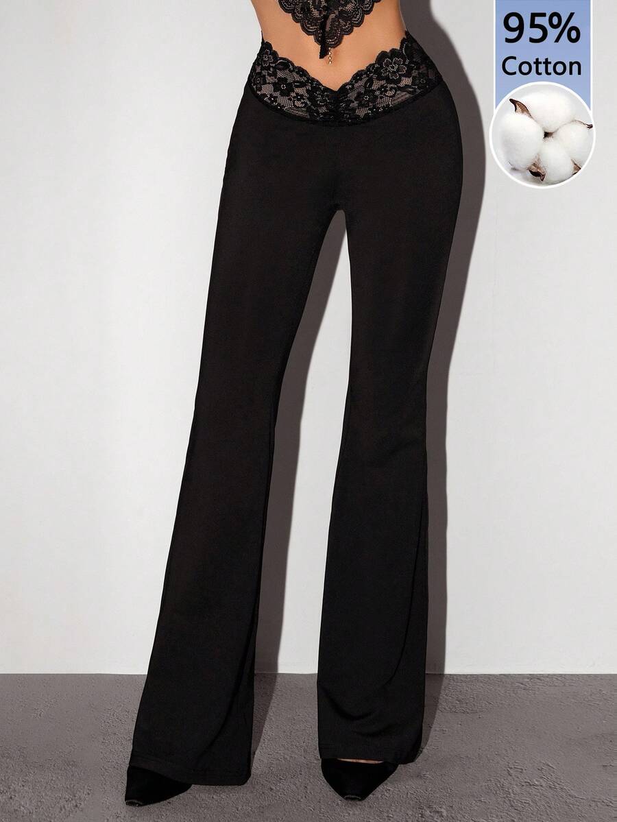 SHEIN ICON 女款蕾絲拼接休閒百搭日常喇叭褲 - 黑色 - 查看 1
