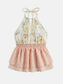 lacRébo Mixed Print Floral Halter Keyhole Sleeveless Top With Contrast Pink Peplum Hem Summer Holiday Casual Cute Top - Multicolor - View 9