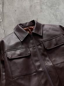 AXEPEAK Men's Solid Color PU Leather Zipper Placket Cargo Pocket Jacket - Khaki - View 3