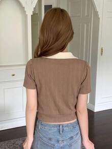 Dazy-Less 女款圓領短袖咖啡棕純色寬鬆休閒落肩百搭商務休閒T恤 - 咖啡棕 - 查看 2